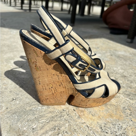 YSL Yves Saint Laurent DEAUVILLE Wedge Cork Canvas Slingback Sandals, size 38 - Picture 3 of 14